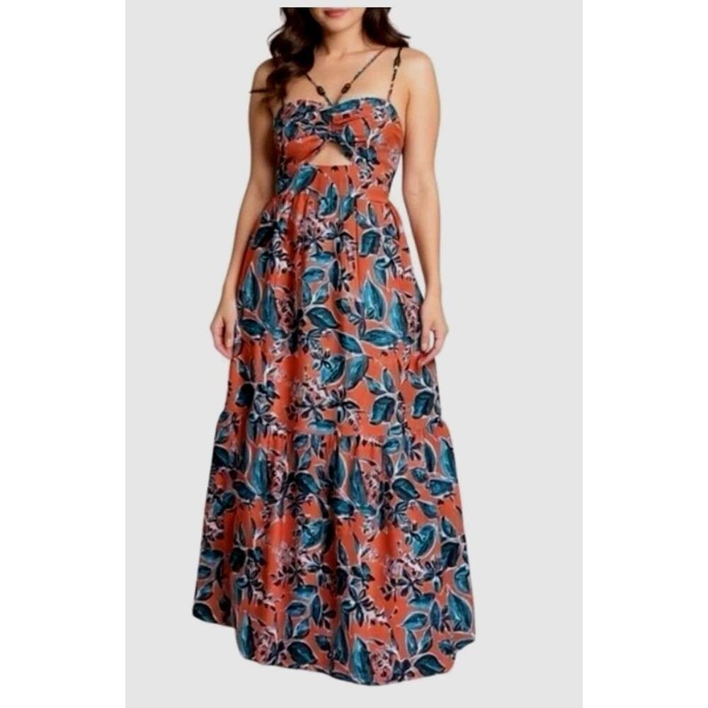 Jason Wu Tropical Floral Tiered Maxi Dress Medium Linen Blend Luau Vacation